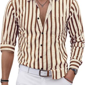 VATPAVE Men's Casual Stylish Striped Shirt Long Sleeve Button Down Shirt Regular Fit Dress Shirt with Pocket
