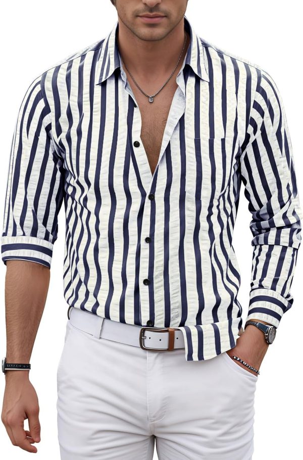 VATPAVE Men's Casual Stylish Striped Shirt Long Sleeve Button Down Shirt Regular Fit Dress Shirt with Pocket - Image 7