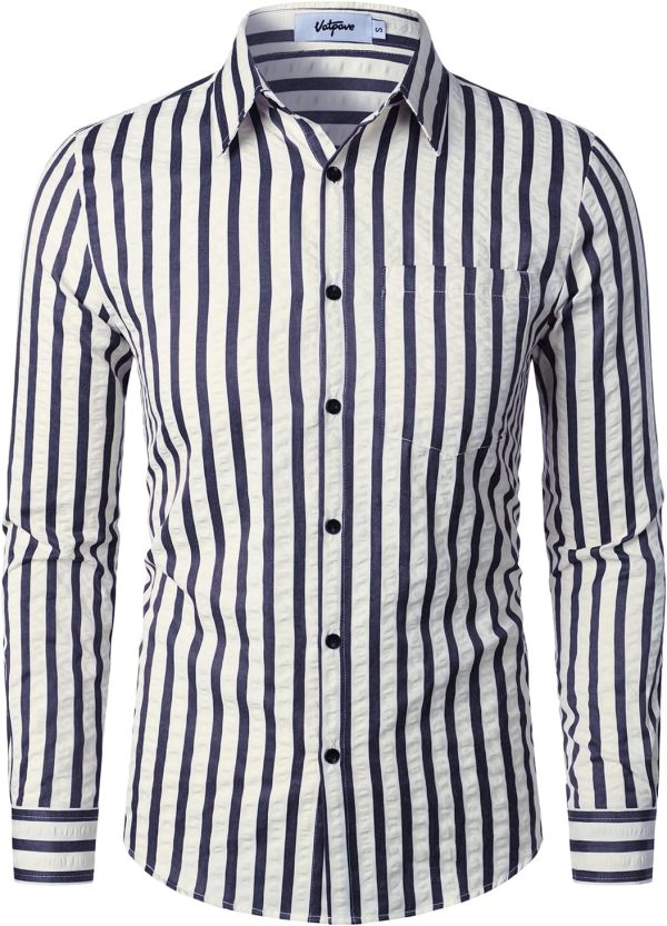 VATPAVE Men's Casual Stylish Striped Shirt Long Sleeve Button Down Shirt Regular Fit Dress Shirt with Pocket - Image 9
