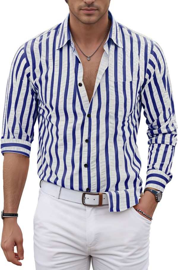 VATPAVE Men's Casual Stylish Striped Shirt Long Sleeve Button Down Shirt Regular Fit Dress Shirt with Pocket - Image 19