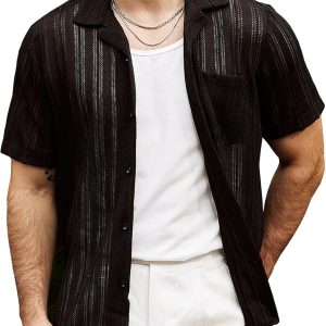 VATPAVE Mens Summer Lace Shirts See Through Sheer Shirts Casual Short Sleeve Button Down Beach Shirts