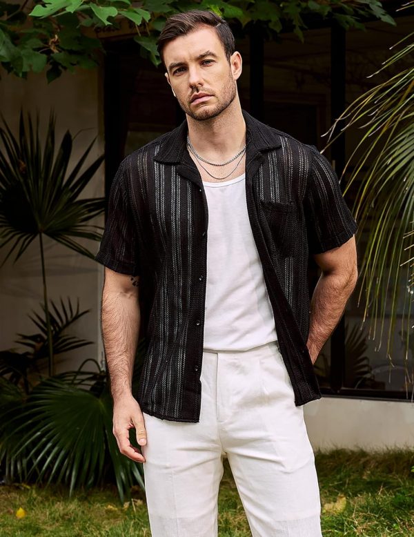 VATPAVE Mens Summer Lace Shirts See Through Sheer Shirts Casual Short Sleeve Button Down Beach Shirts - Image 2