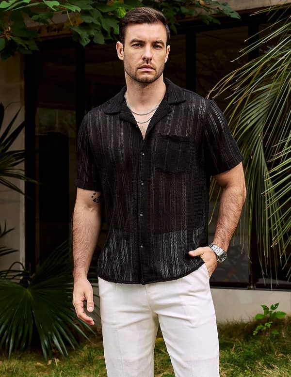 VATPAVE Mens Summer Lace Shirts See Through Sheer Shirts Casual Short Sleeve Button Down Beach Shirts - Image 3