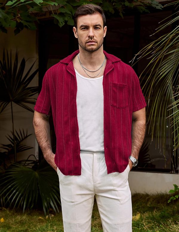 VATPAVE Mens Summer Lace Shirts See Through Sheer Shirts Casual Short Sleeve Button Down Beach Shirts - Image 8