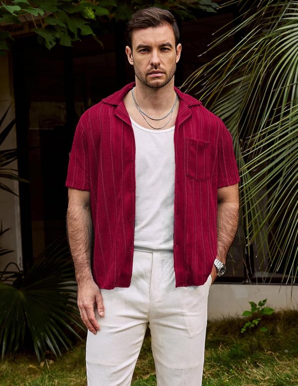 VATPAVE Mens Summer Lace Shirts See Through Sheer Shirts Casual Short Sleeve Button Down Beach Shirts - Image 9