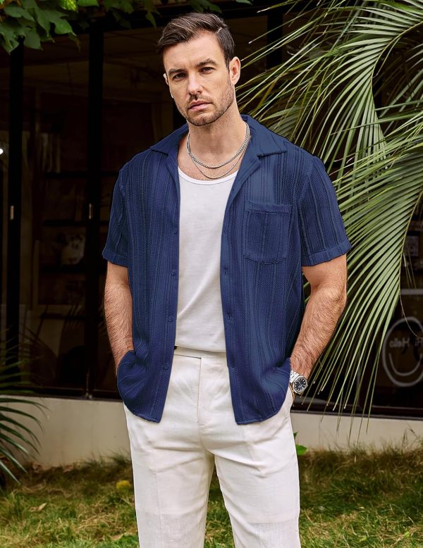 VATPAVE Mens Summer Lace Shirts See Through Sheer Shirts Casual Short Sleeve Button Down Beach Shirts - Image 14