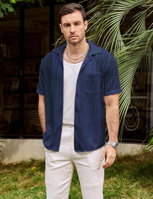 VATPAVE Mens Summer Lace Shirts See Through Sheer Shirts Casual Short Sleeve Button Down Beach Shirts - Image 15