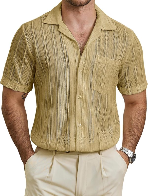 VATPAVE Mens Summer Lace Shirts See Through Sheer Shirts Casual Short Sleeve Button Down Beach Shirts - Image 19