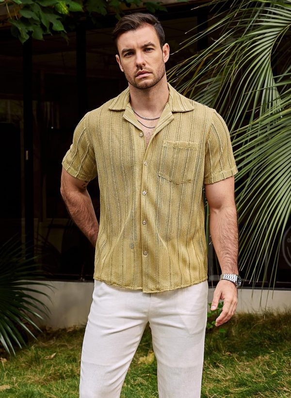 VATPAVE Mens Summer Lace Shirts See Through Sheer Shirts Casual Short Sleeve Button Down Beach Shirts - Image 20