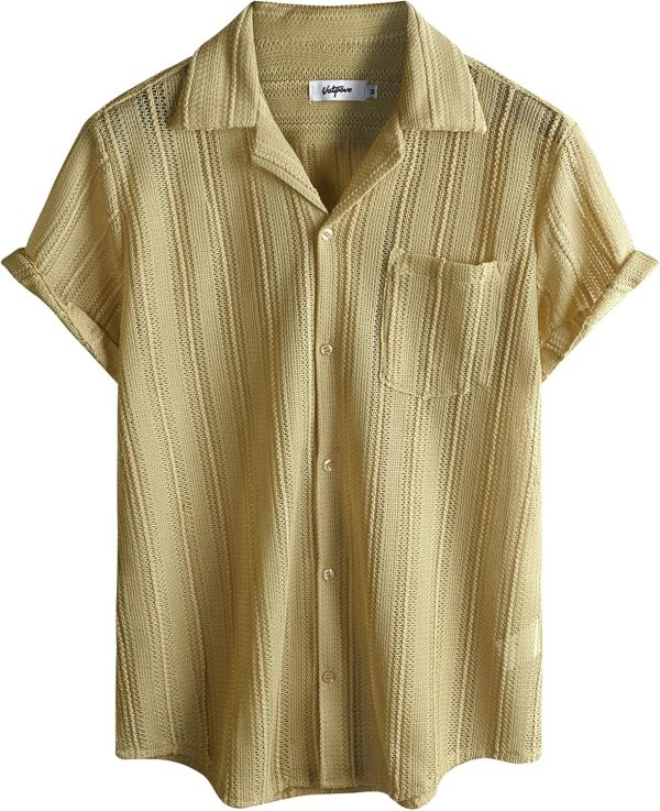 VATPAVE Mens Summer Lace Shirts See Through Sheer Shirts Casual Short Sleeve Button Down Beach Shirts - Image 22