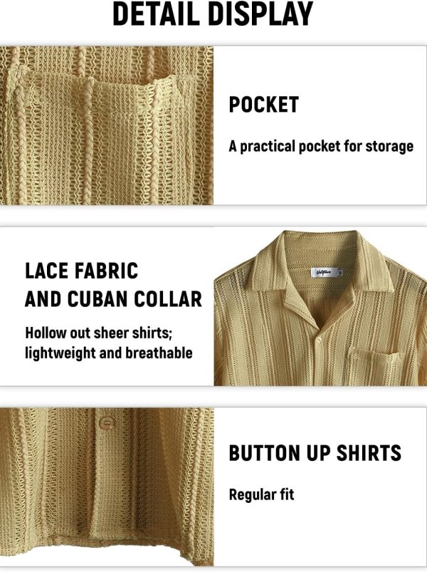 VATPAVE Mens Summer Lace Shirts See Through Sheer Shirts Casual Short Sleeve Button Down Beach Shirts - Image 24