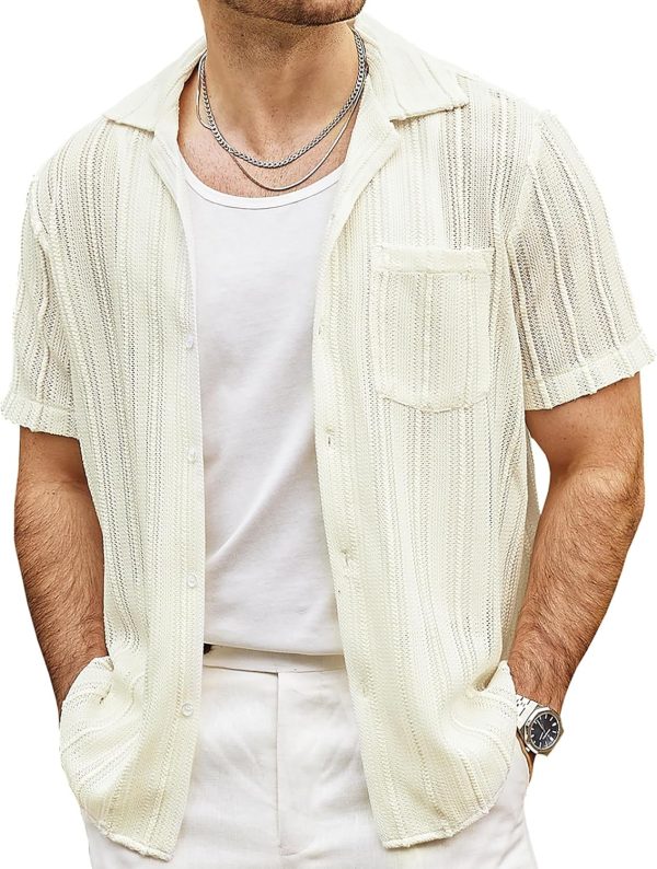 VATPAVE Mens Summer Lace Shirts See Through Sheer Shirts Casual Short Sleeve Button Down Beach Shirts - Image 25