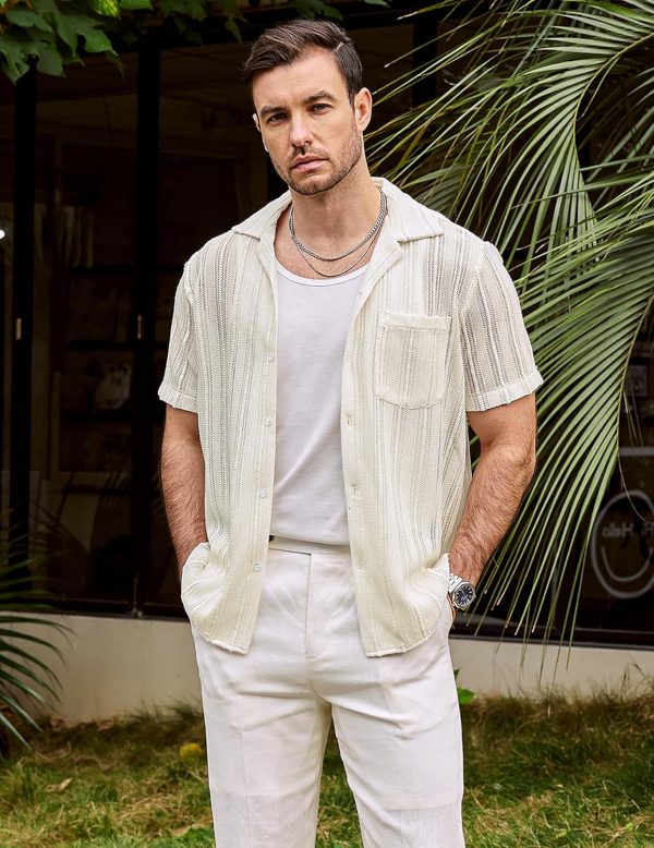 VATPAVE Mens Summer Lace Shirts See Through Sheer Shirts Casual Short Sleeve Button Down Beach Shirts - Image 26