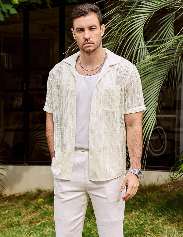 VATPAVE Mens Summer Lace Shirts See Through Sheer Shirts Casual Short Sleeve Button Down Beach Shirts - Image 27