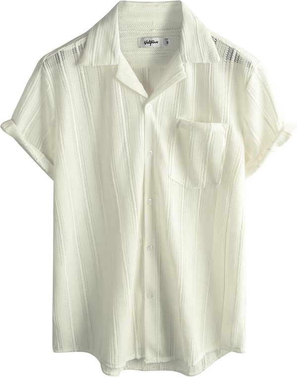 VATPAVE Mens Summer Lace Shirts See Through Sheer Shirts Casual Short Sleeve Button Down Beach Shirts - Image 28