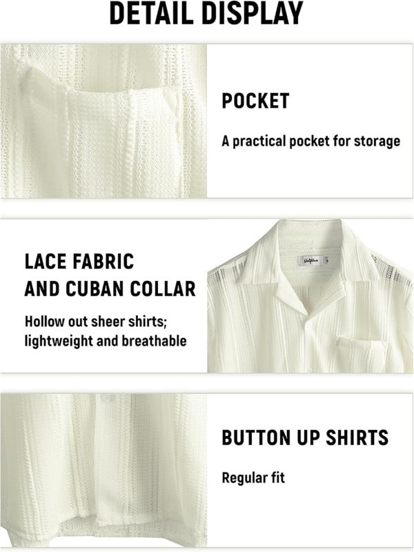 VATPAVE Mens Summer Lace Shirts See Through Sheer Shirts Casual Short Sleeve Button Down Beach Shirts - Image 30