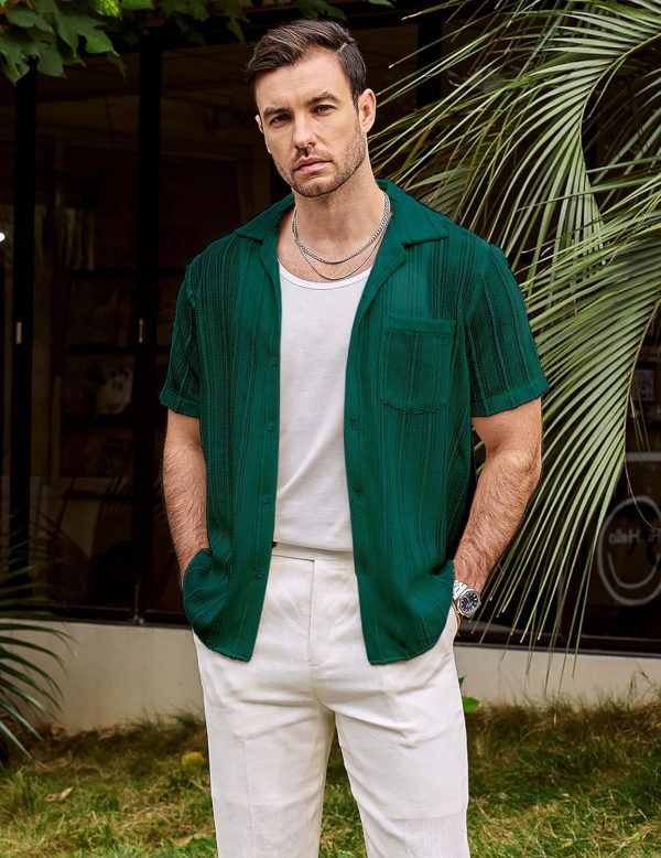VATPAVE Mens Summer Lace Shirts See Through Sheer Shirts Casual Short Sleeve Button Down Beach Shirts - Image 32