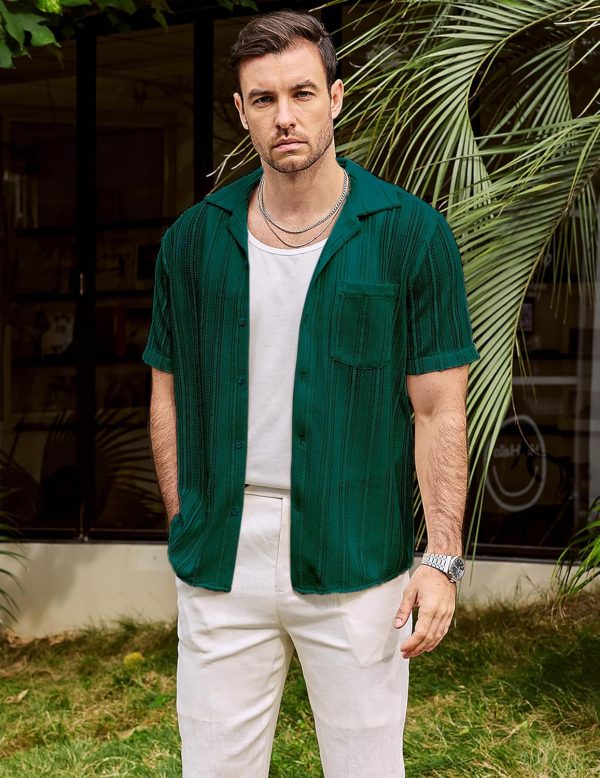 VATPAVE Mens Summer Lace Shirts See Through Sheer Shirts Casual Short Sleeve Button Down Beach Shirts - Image 33