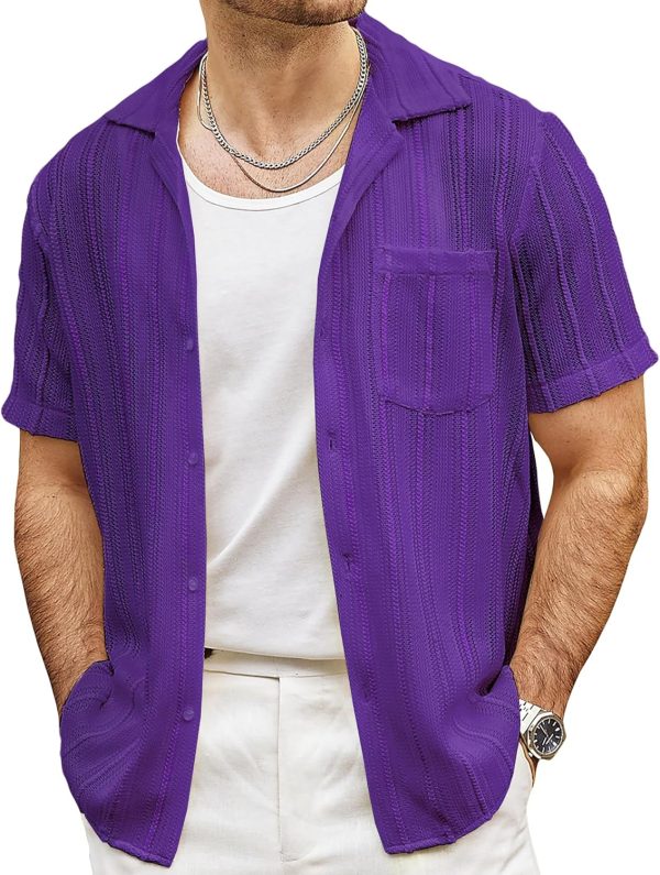 VATPAVE Mens Summer Lace Shirts See Through Sheer Shirts Casual Short Sleeve Button Down Beach Shirts - Image 37