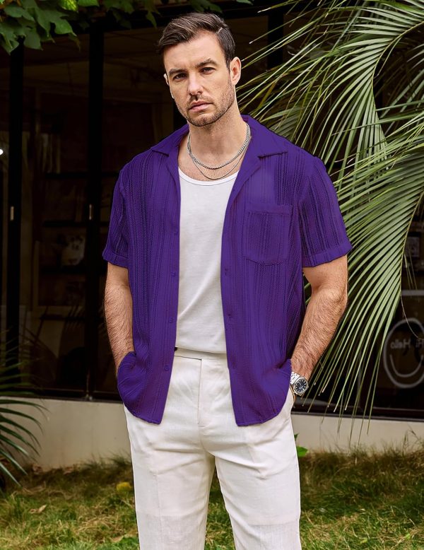 VATPAVE Mens Summer Lace Shirts See Through Sheer Shirts Casual Short Sleeve Button Down Beach Shirts - Image 38