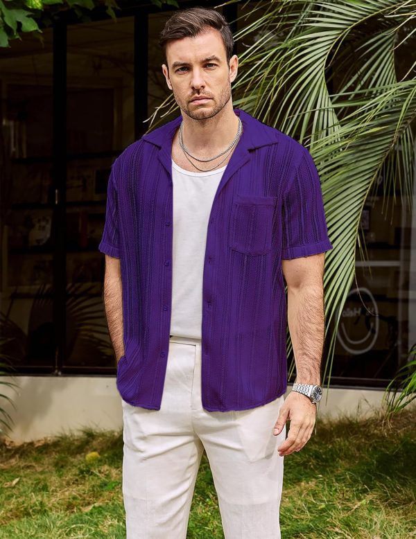 VATPAVE Mens Summer Lace Shirts See Through Sheer Shirts Casual Short Sleeve Button Down Beach Shirts - Image 39