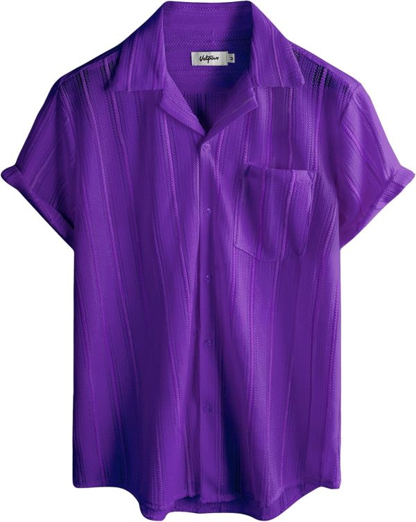 VATPAVE Mens Summer Lace Shirts See Through Sheer Shirts Casual Short Sleeve Button Down Beach Shirts - Image 40