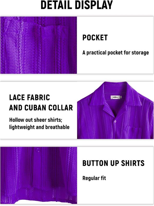 VATPAVE Mens Summer Lace Shirts See Through Sheer Shirts Casual Short Sleeve Button Down Beach Shirts - Image 42