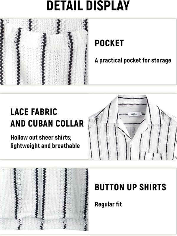 VATPAVE Mens Summer Lace Shirts See Through Sheer Shirts Casual Short Sleeve Button Down Beach Shirts - Image 48