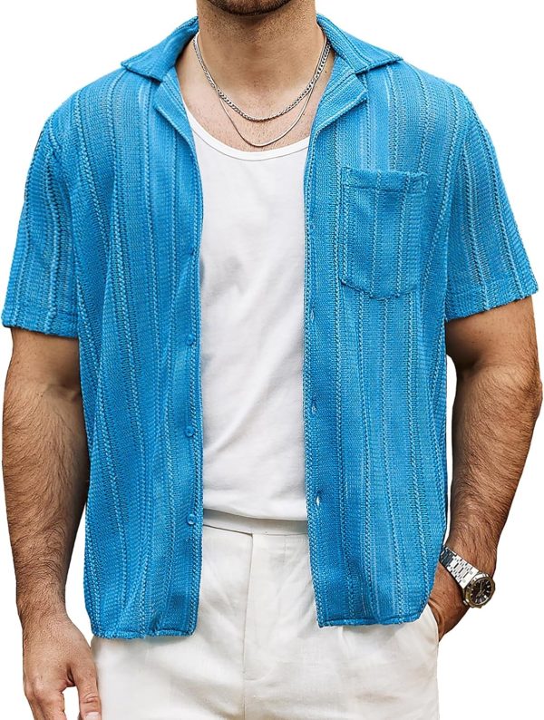 VATPAVE Mens Summer Lace Shirts See Through Sheer Shirts Casual Short Sleeve Button Down Beach Shirts - Image 49