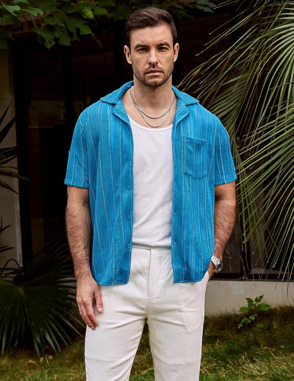 VATPAVE Mens Summer Lace Shirts See Through Sheer Shirts Casual Short Sleeve Button Down Beach Shirts - Image 50