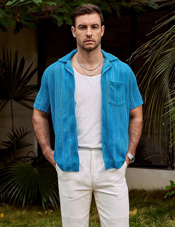 VATPAVE Mens Summer Lace Shirts See Through Sheer Shirts Casual Short Sleeve Button Down Beach Shirts - Image 51