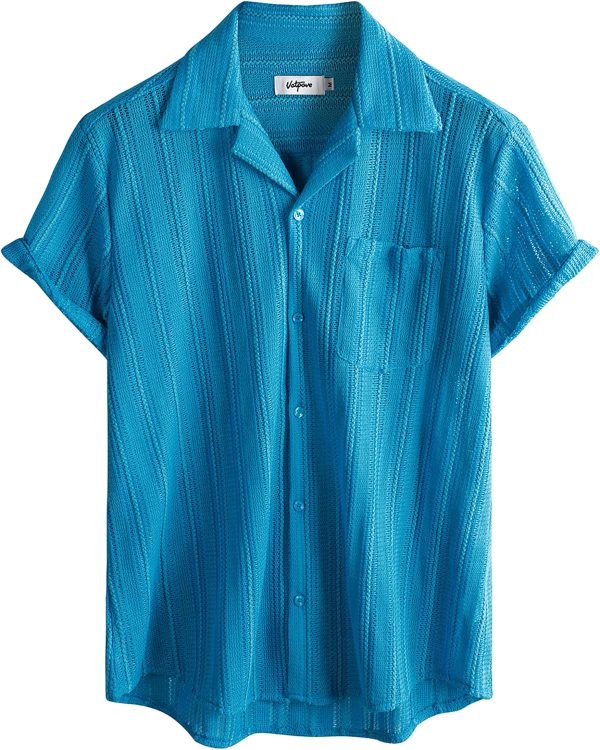 VATPAVE Mens Summer Lace Shirts See Through Sheer Shirts Casual Short Sleeve Button Down Beach Shirts - Image 52