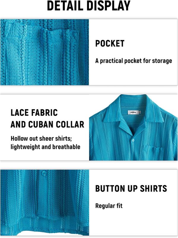 VATPAVE Mens Summer Lace Shirts See Through Sheer Shirts Casual Short Sleeve Button Down Beach Shirts - Image 54