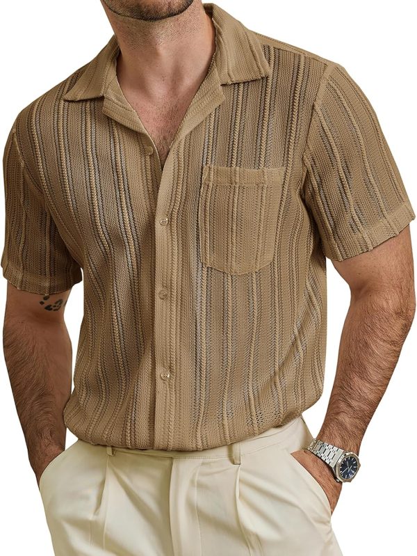 VATPAVE Mens Summer Lace Shirts See Through Sheer Shirts Casual Short Sleeve Button Down Beach Shirts - Image 55